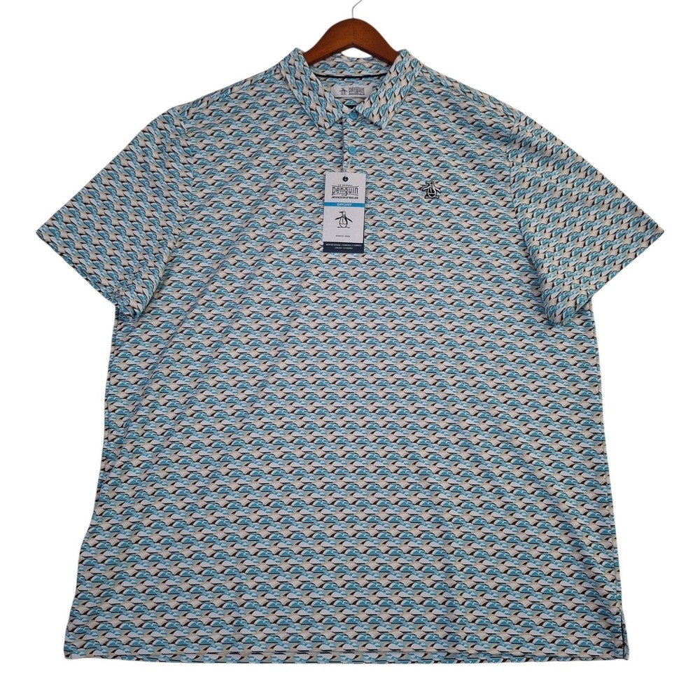 Original Penguin Sport Mens XXL Blue Geometric Wave Golf Polo Shirt SU39138